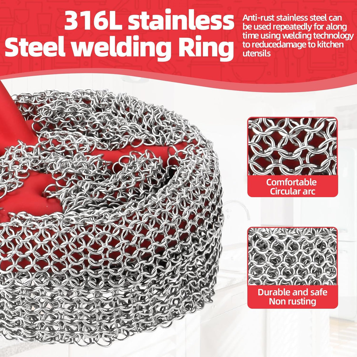 Cast Iron Chainmail Scrubber with Handle （ABS） - Cleaner for Pans and Pots - Premium Stainless Steel/Silicone Scraper for Skillets - Ergonomic Food-Safe Design - Easy to Clean Cookware Dish Brush