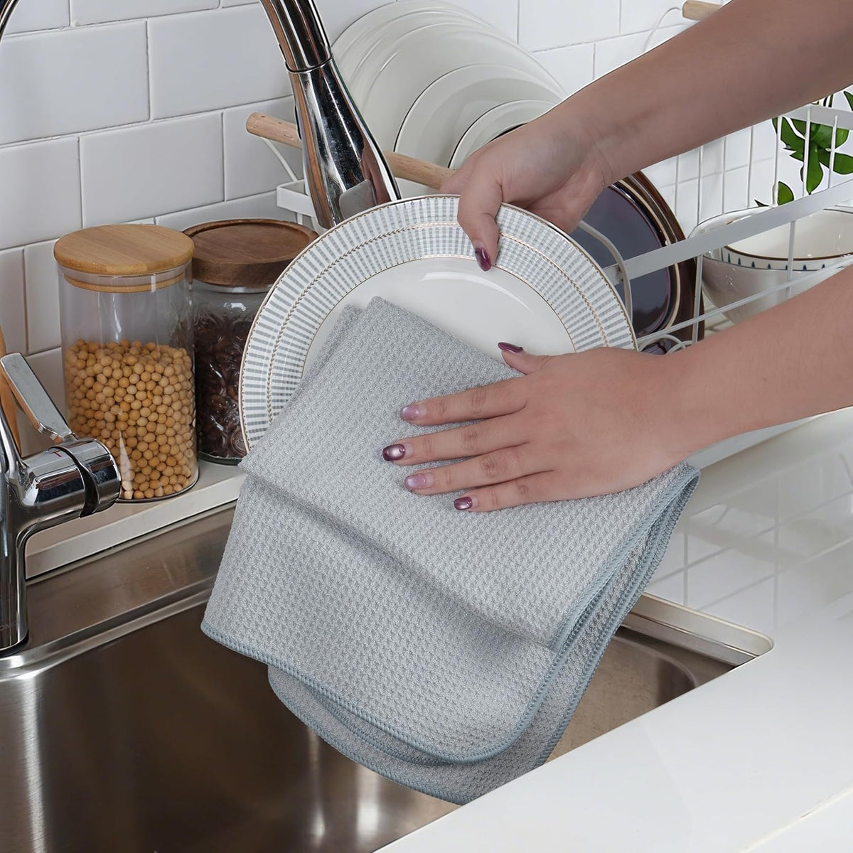 POLYTE Premium Microfiber Kitchen Dish Hand Towel Waffle Weave 12 Pack (16x28 in, Gray)