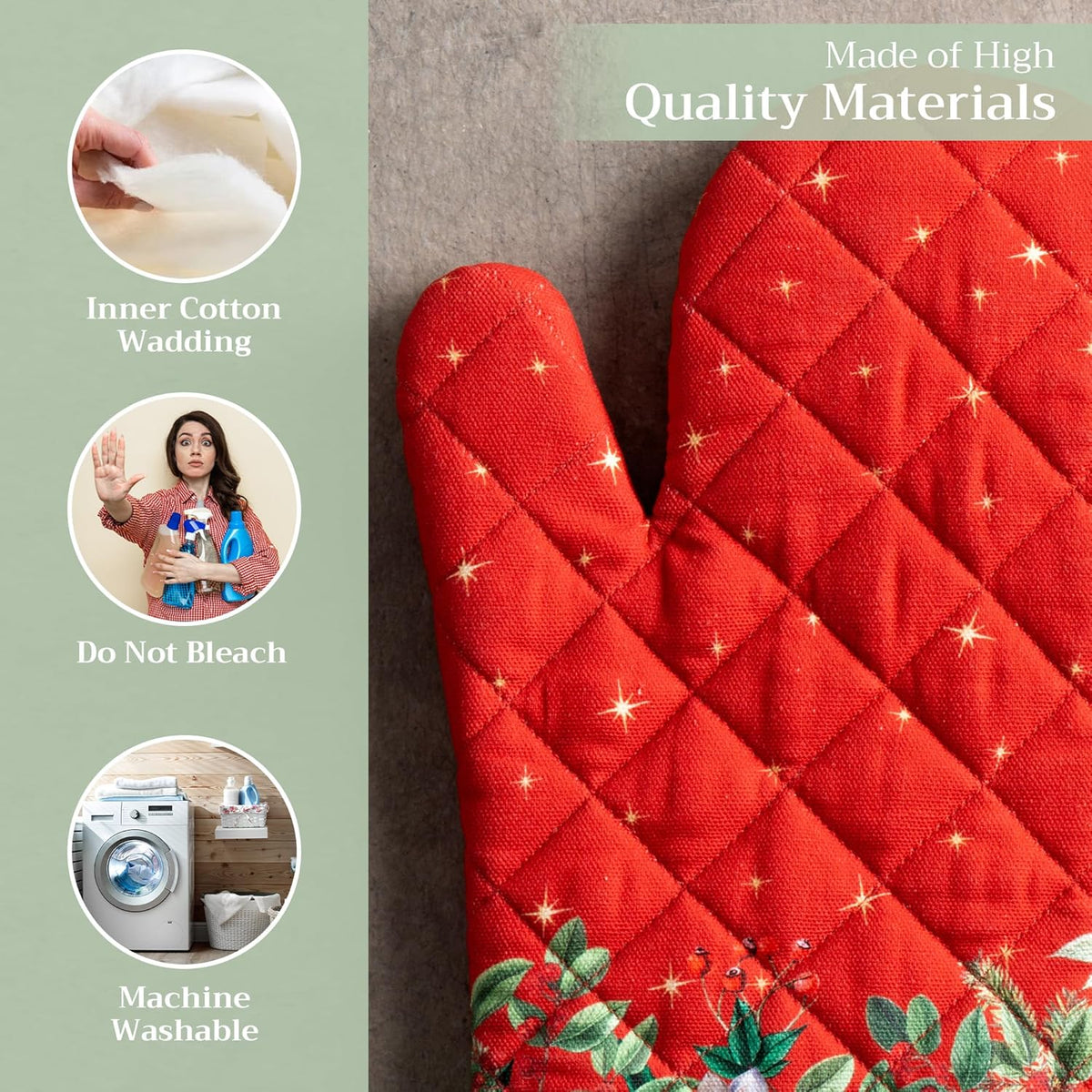 Maison d' Hermine Oven Gloves 100% Cotton Oven Mitt 7" x 13" with Loop Heat Resistant, BBQ, Cooking Gloves, Baking, Grilling, Kitchen, Handling Hot Pans (Pack of 1, Noel)