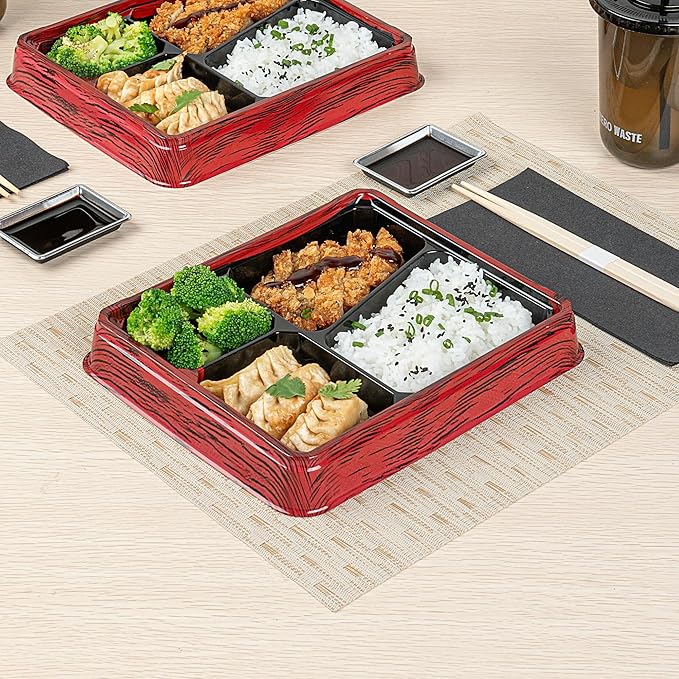 Restaurantware-Bento Tek 18.6 Ounce Meal Prep Containers, 50 Disposable To Go Food Boxes - Lids Sold Separately, 4 Compartments, Red And Black Plastic Bento Lunch Boxes, Freezable, For Take Out