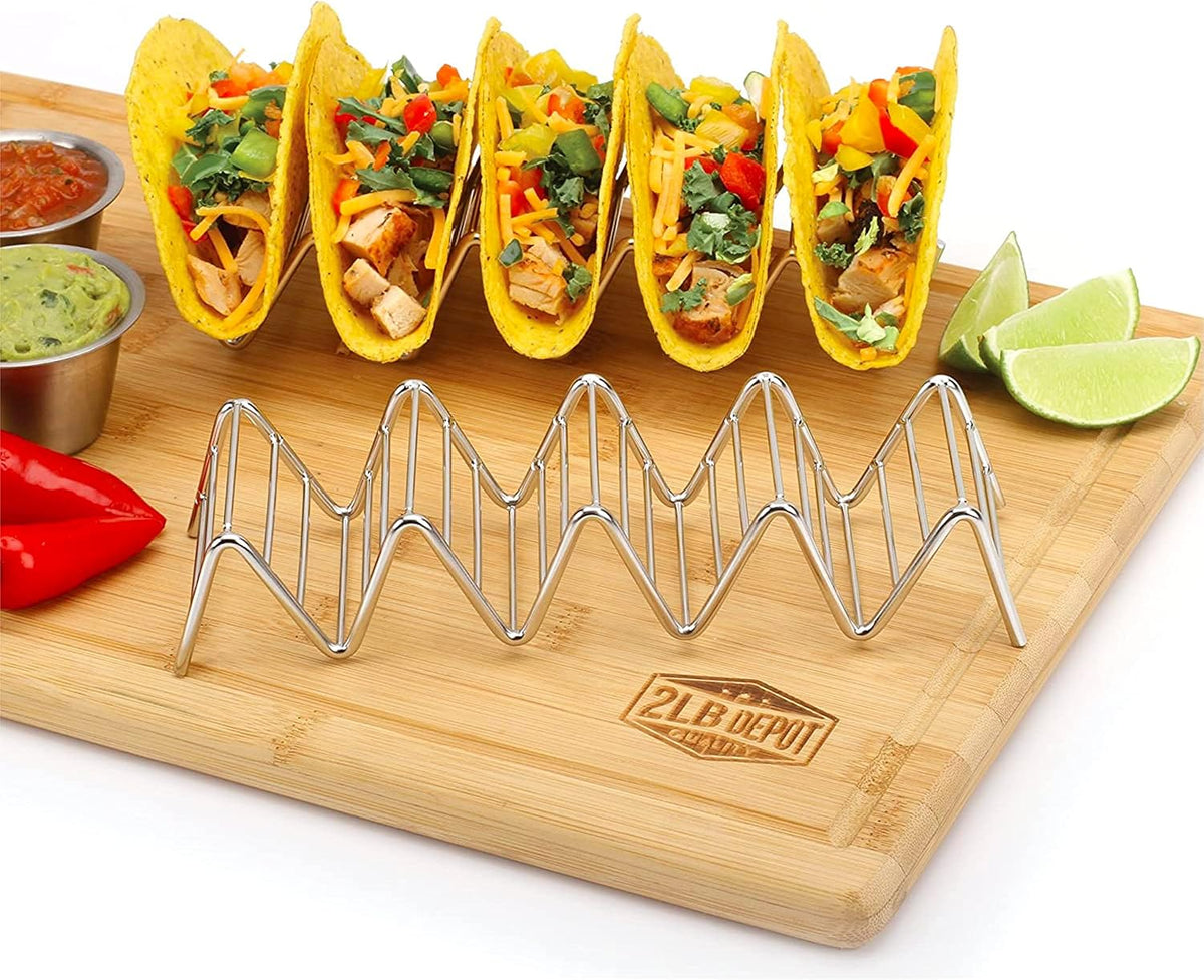 Taco Holders Set of 2 Premium Stainless Steel Stackable Stands, Each Rack Holds 4 or 5 Hard or Soft Tacos, Five Styles Available By 2lbDepot