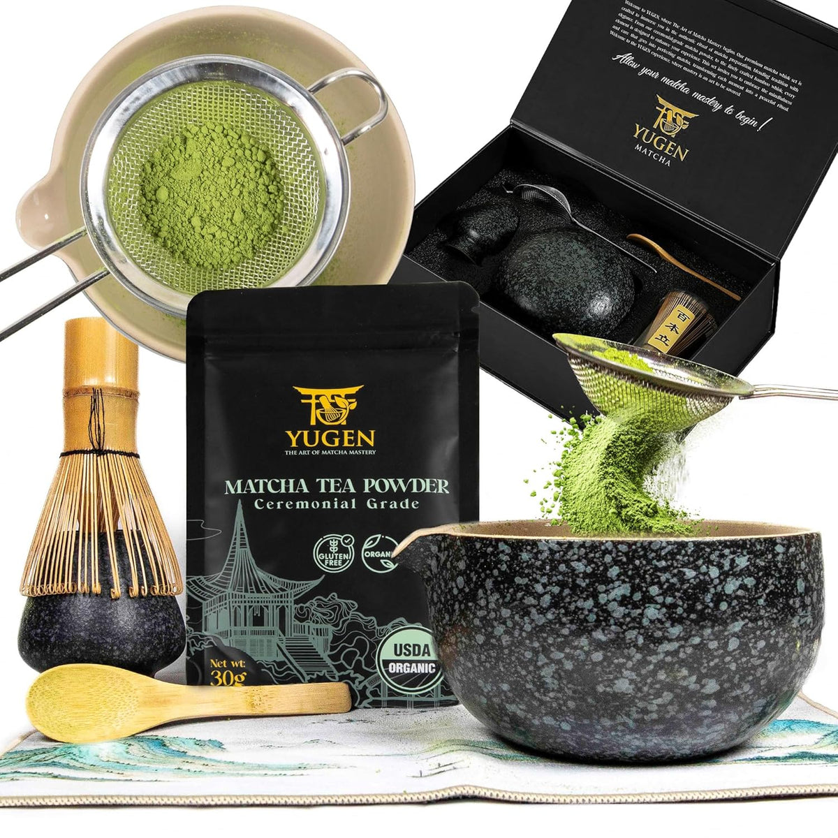 YUGEN MATCHA 7 Piece Matcha Whisk Set, Includes 30g Ceremonial Grade Matcha Powder, Metal Sifter, Bamboo Whisk, Whisk Holder, Bamboo Spoon, Tea Cloth, Matcha Bowl, Tea Set, Ceremony Set