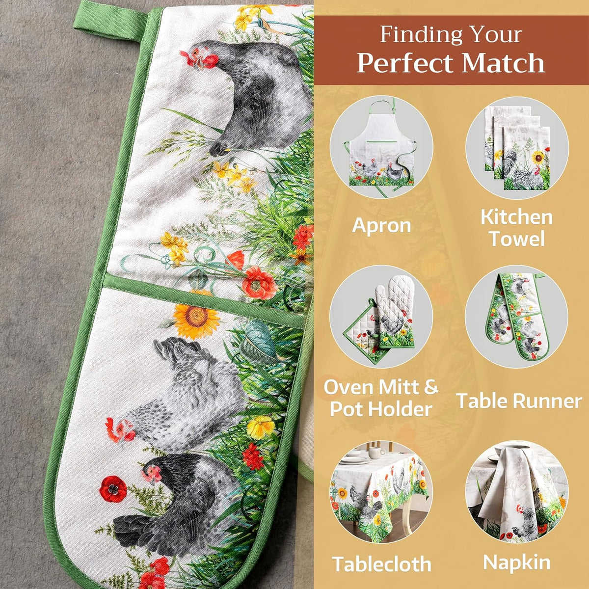 Maison d' Hermine Double Oven Mitts 100% Cotton 7"x35" Double Oven Mitt Heat Resistant BBQ Cooking Gloves with Loop, Baking, Grilling, Home, Kitchen, Handling Hot Pans Spring Summer (Basse Cour)