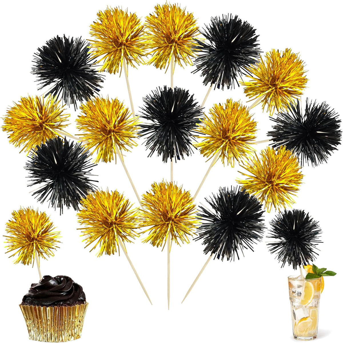 Ephlyn 30Pcs Foil Firework Cupcake Toppers Sparkle Tinsel Cupcake Picks Happy Birthday Cake Decorations Drink Stirrers Cocktail Food Toothpicks for Baby Shower Graduation Party Supplies Black Gold