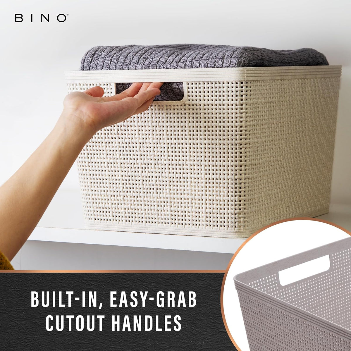 BINO Woven Plastic Basket | Large (Natural), 3-Pack | THE JUTE COLLECTION | Home Organization, Space-Saving Storage, Stylish Design | Plastic Storage Basket