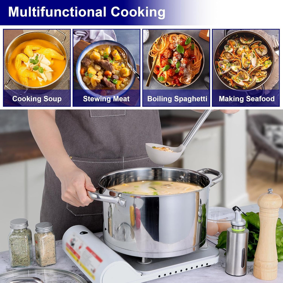 LIANYU Stainless Steel Stock Pot, 8 QT Large Soup Pot for Home Kitchen, Heavy Duty Cookware Compatible with Ceramic Gas Induction Cooktop, Dual Handles & Glass Lid, Dishwasher Safe