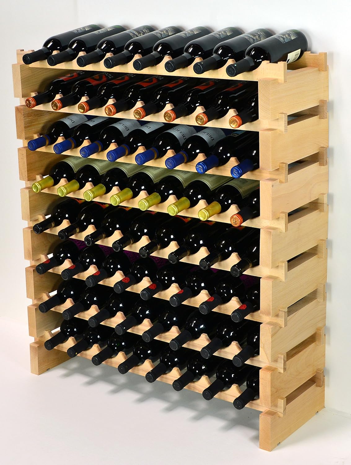 sfDisplay.com,LLC. Modular Wine Rack Beechwood 32-96 Bottle Capacity 8 Bottles Across up to 12 Rows Newest Improved Model (64 Bottles - 8 Rows)