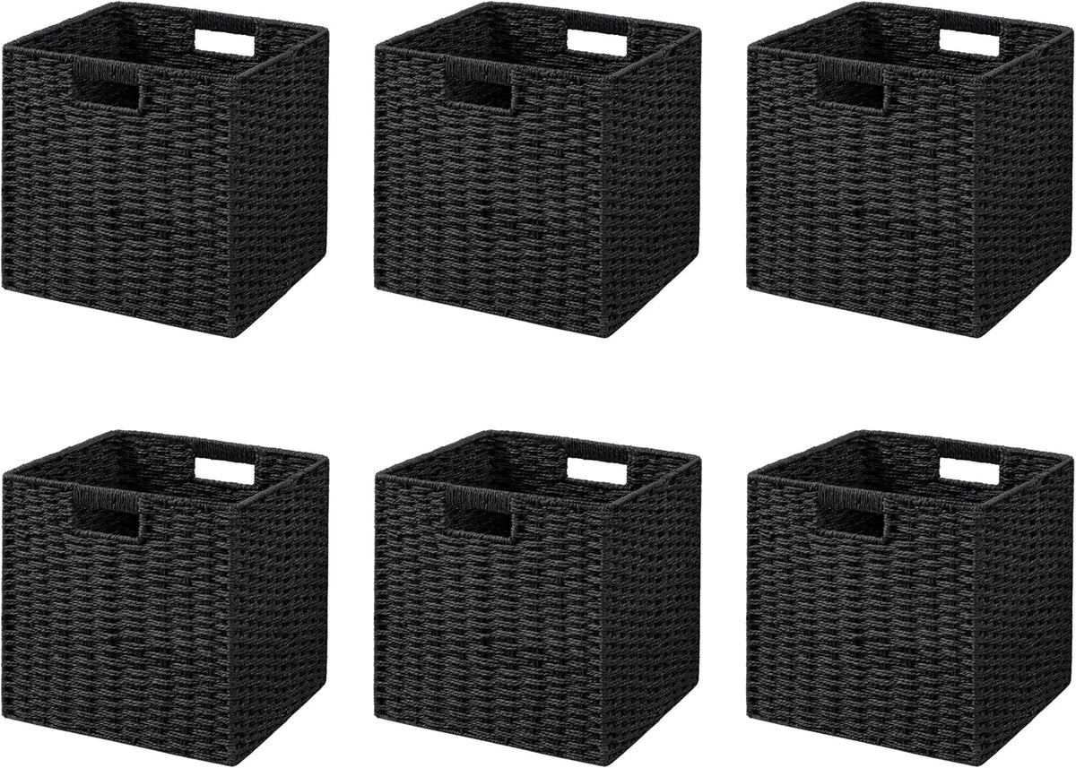 UBBCARE 6 Pack Wicker Basket, 11L×11H×10.5W inch Woven Paper Rope Storage Baskets for shelves, Foldable Cube Storage bin with Handle, Storage Basket for Organizing & Decor, Black