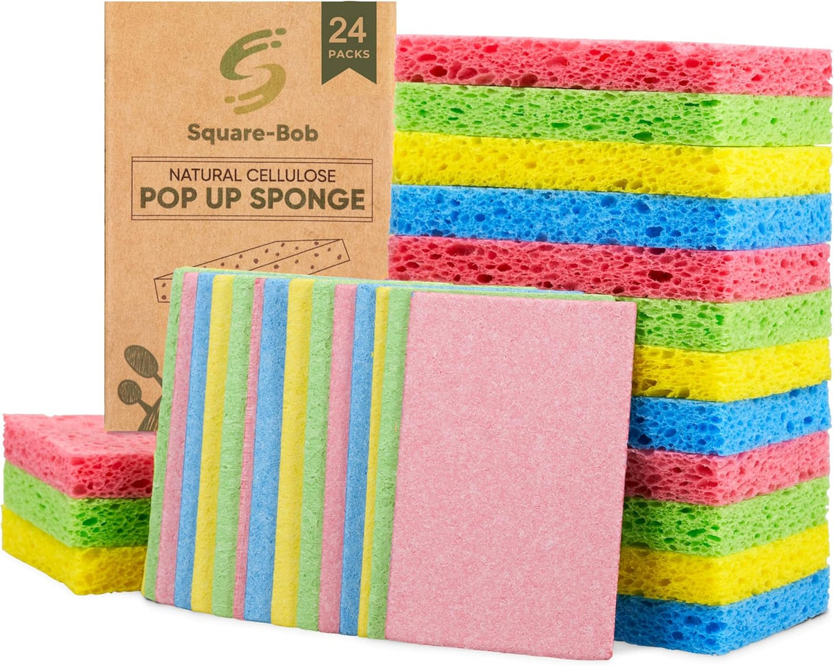 24 PCs Compressed Sponges Kitchen Non-Scratch – Highly Absorbent Kitchen Sponges for Dishes Cleaning, Countertop, Sink, Car –Biodegradable, Quick Drying Cellulose Sponges - Assorted Colors