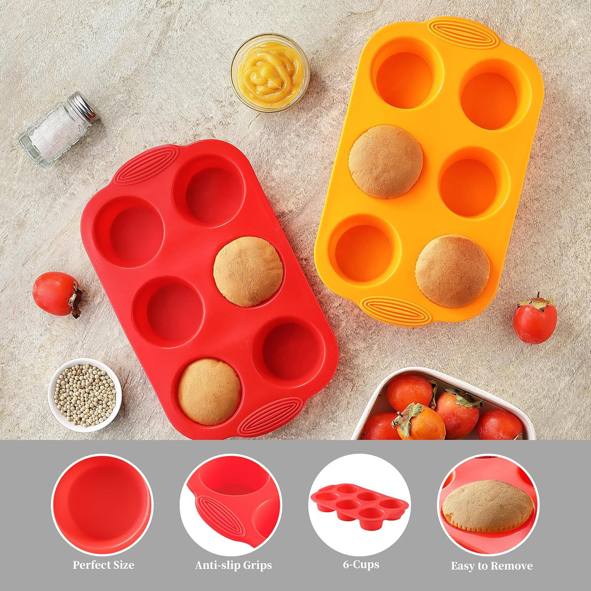 2PCS Silicone Muffin Cupcake Pan Molds, 6-Cavity Non Stick Silicone Muffin Pans for Baking Muffin, Cupcakes, Brownies and More, Food Grade and BPA Free (Orange and Red)