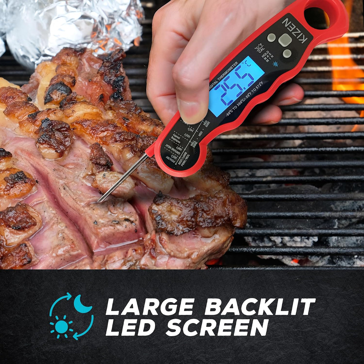 KIZEN Instant Read Meat Thermometer Digital - Food Thermometer for Cooking, Grill, Oven, BBQ - Waterproof and Backlit Display