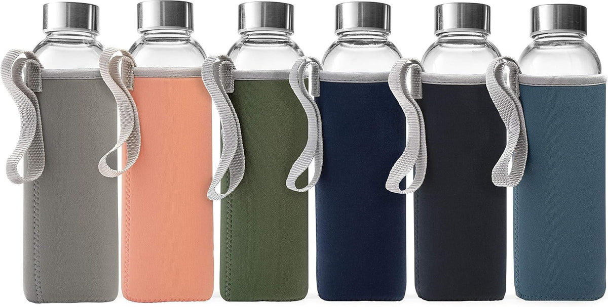 Epica glass bottles with lids – 18oz glass water bottles, reusable juice bottle with lids for storing juices, reusable water bottle durable & ecofriendly set of 6 with Sleeves