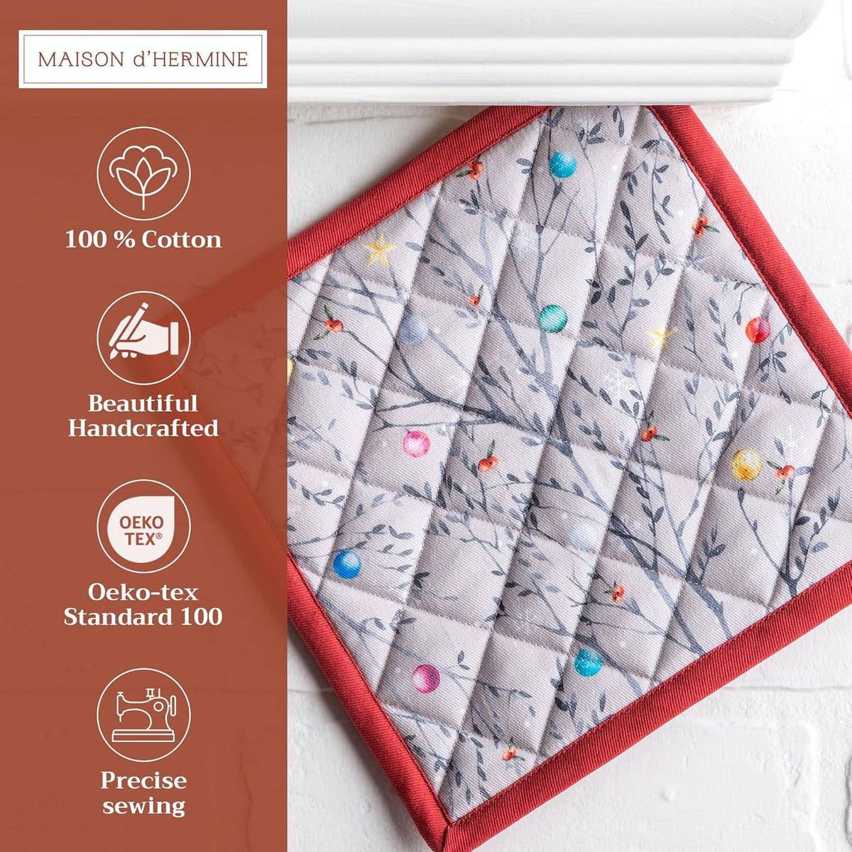 Maison d' Hermine Pot Holders Set 100% Cotton Heat Resistant Potholders 8" x 8" Hot Pads with Loop BBQ, Cooking, Baking, Grilling, Kitchen, Handling Hot Pans (Pack of 2, Fairy Christmas)