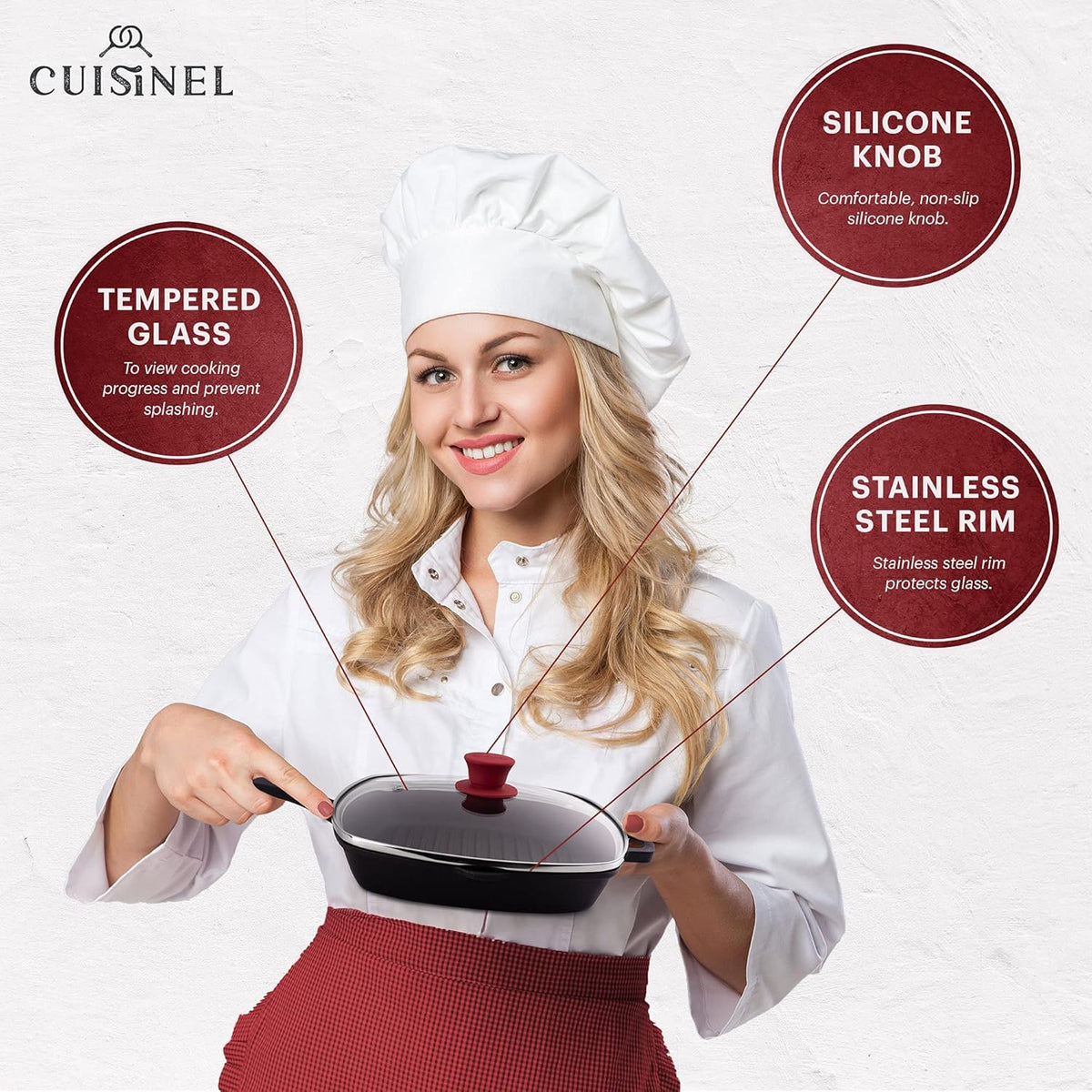 Cuisinel Square Glass Lid for Grill Pans with Steam Vent Hole - 10.5"-inch/26.67cm - Fits Lodge Cast Iron - Fully Assembled Universal Replacement Cover - Tempered and Oven Safe - Reinforced Stainless