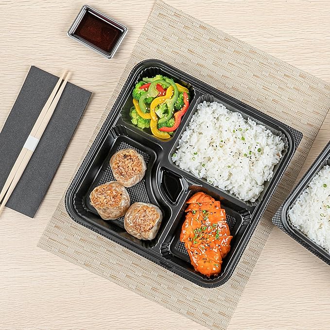 Restaurantware-Bento Tek 39.6 Ounce Meal Prep Containers, 100 Disposable To Go Food Boxes - Lids Sold Separately, 5 Compartments, Black Plastic Bento Lunch Boxes, Microwavable, Freezable