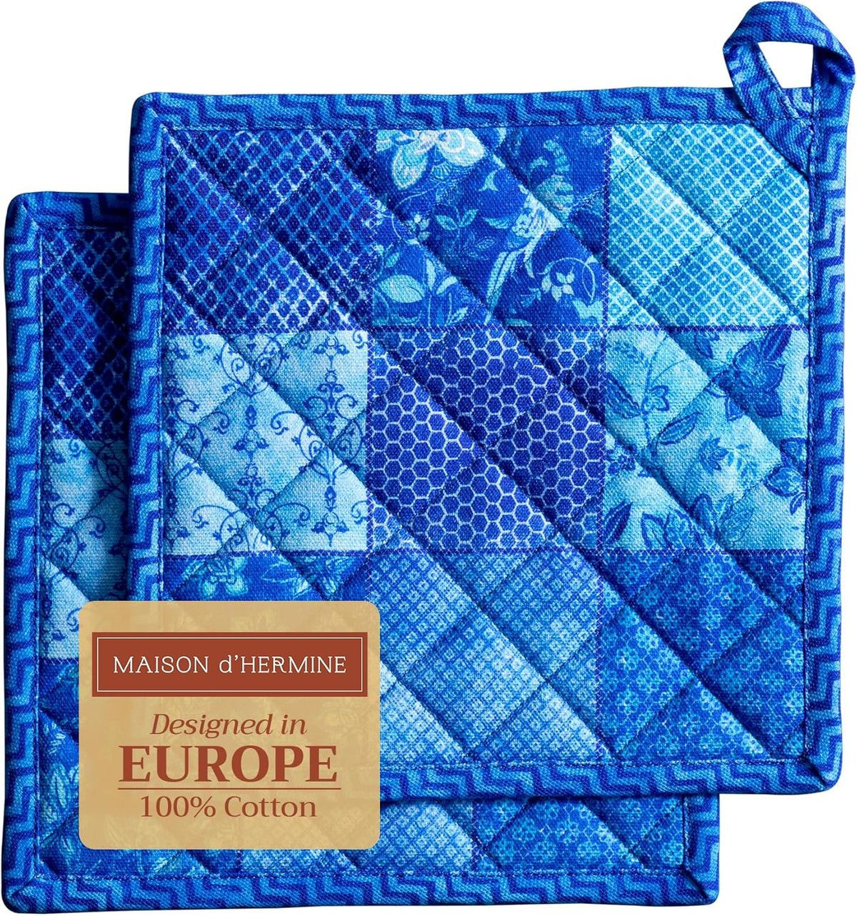Maison d' Hermine Pot Holders Set 100% Cotton Heat Resistant Potholders 8" x 8" Hot Pads with Loop BBQ, Cooking, Baking, Grilling, Kitchen, Handling Hot Pans Spring/Summer (Pack of 2, Indigo Love)
