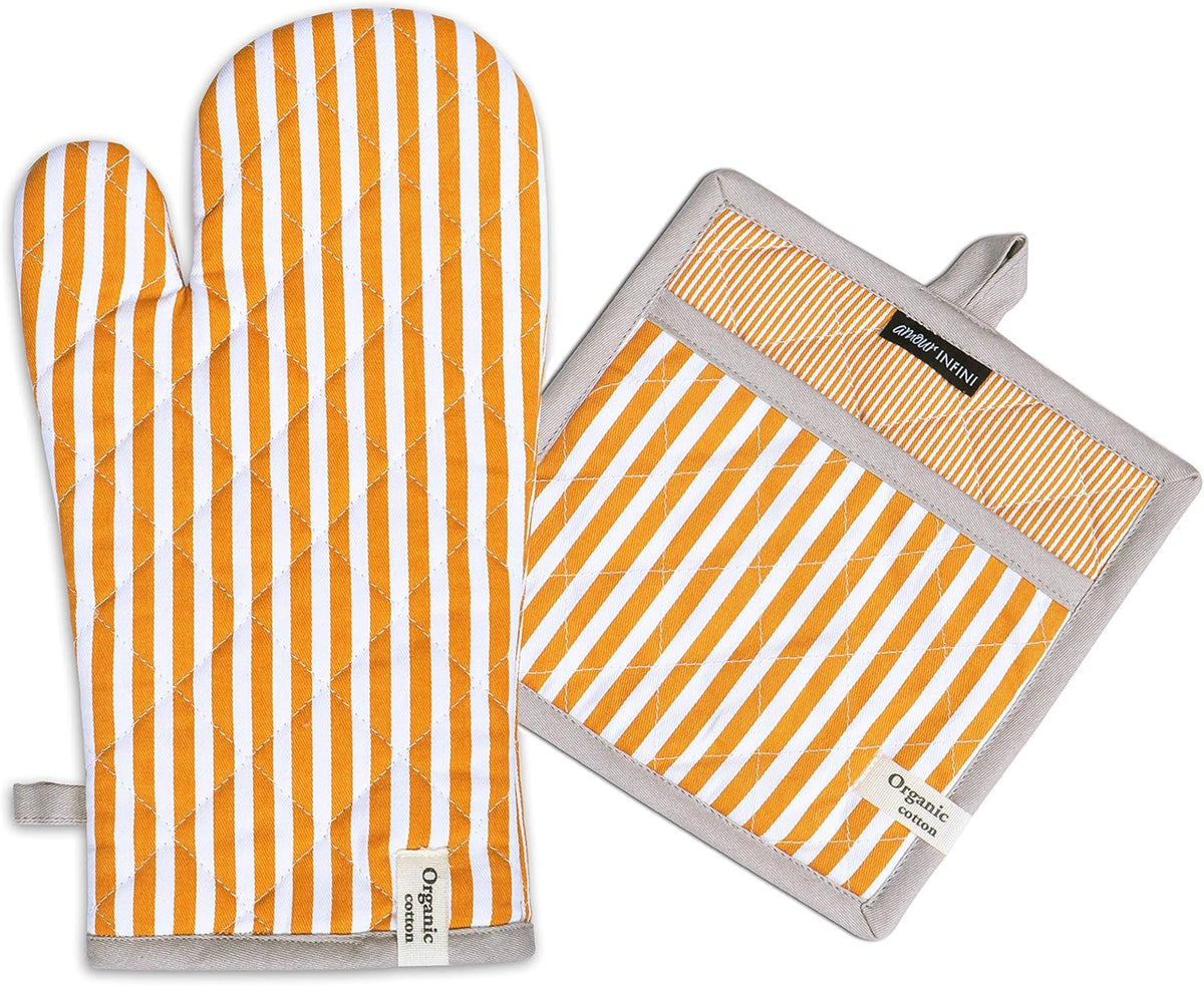 AMOUR INFINI Striped Pot Holders and Oven Mitts Heat Resistant Non Slip Reusable Set of 1 Oven Mitt and 1 Pot Holder Oven Gloves Pot Holder for Cooking (Yelllow)