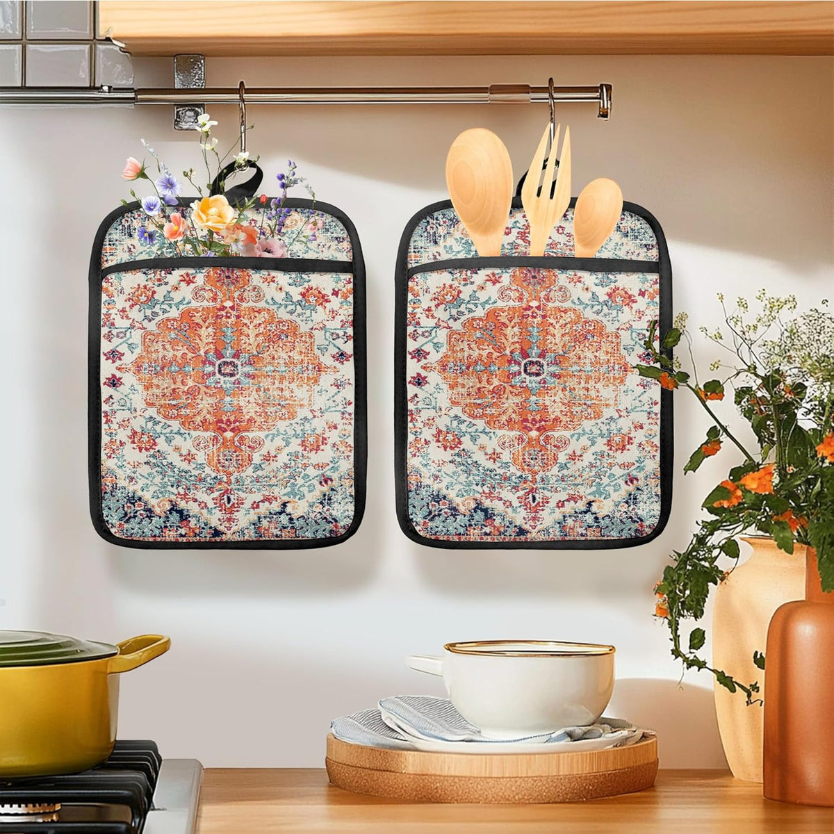 Rustic Vintage Boho Pot Holders for Kitchen, Abstract Orange Blue Boho Ethnic Floral Botanical Heat Resistant Hot Pads and Oven Mitts for Baking Cooking