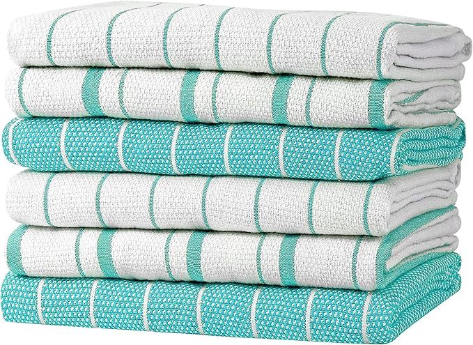 Zeppoli Classic Kitchen Towels - 6 Pack 100% Natural Cotton Towel Set, Reusable Wash Cloths, Absorbent Dish Towels, Machine Washable Hand Towels, Kitchen Essentials, 20" x 28" - Aqua Base