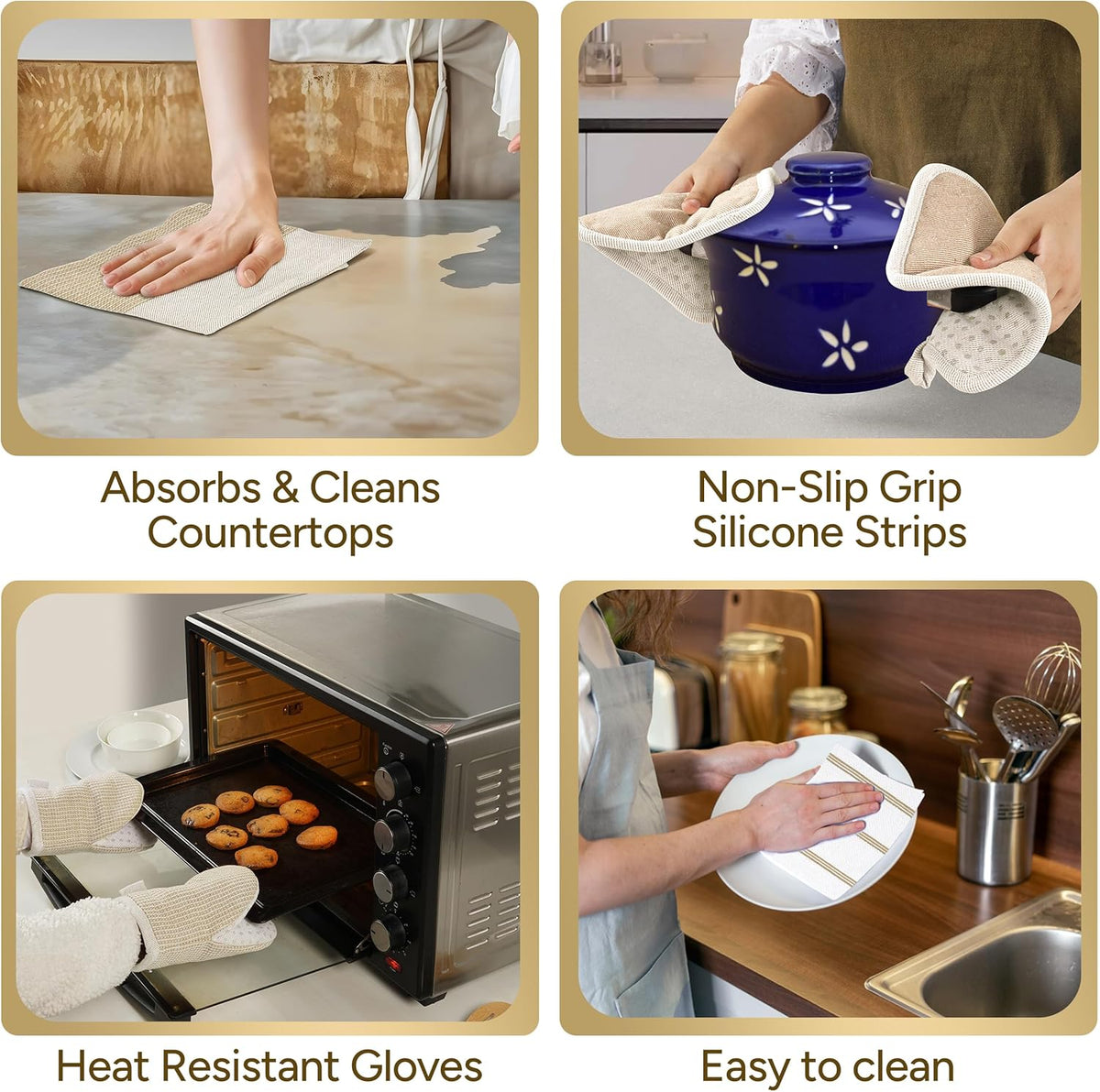 Casa Platino Pot Holders and Oven Mitts, 8-Piece – 500°F Heat Resistant Mini Oven Mitts with Silicone Grip, Potholders for Kitchens, 2 Kitchen Towels & 2 Dish Cloths – Non-Slip & Durable – Beige