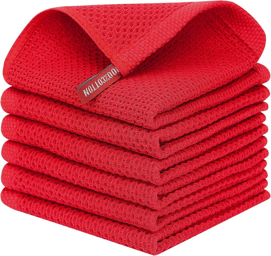 Kitinjoy 100% Cotton Kitchen Dish Cloths, 6 Pack Waffle Weave Ultra Soft Absorbent Dish Towels for Drying Dishes Quick Drying Kitchen Towels Dish Rags, 12 X 12 Inches, Red