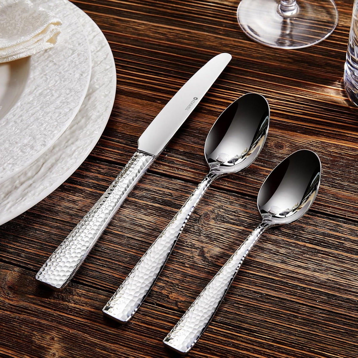 KEAWELL Premium 20/45/65 Piece Louis Hammered Silverware Set with Squared Edge, 18/10 Stainless Steel, Service for 4/8/12, Fine Flatware Set, Dishwasher Safe (20)