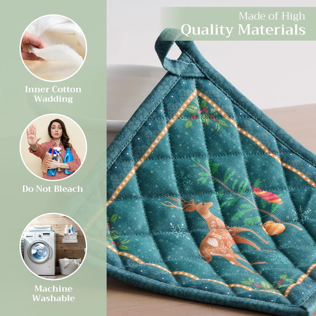 Maison d' Hermine Pot Holders 100% Cotton Heat Resistant Potholders 8" x 8" Hot Pads with Loop BBQ, Cooking, Baking, Grilling, Kitchen, Handling Hot Pans (Pack of 1, Hygge Christmas)