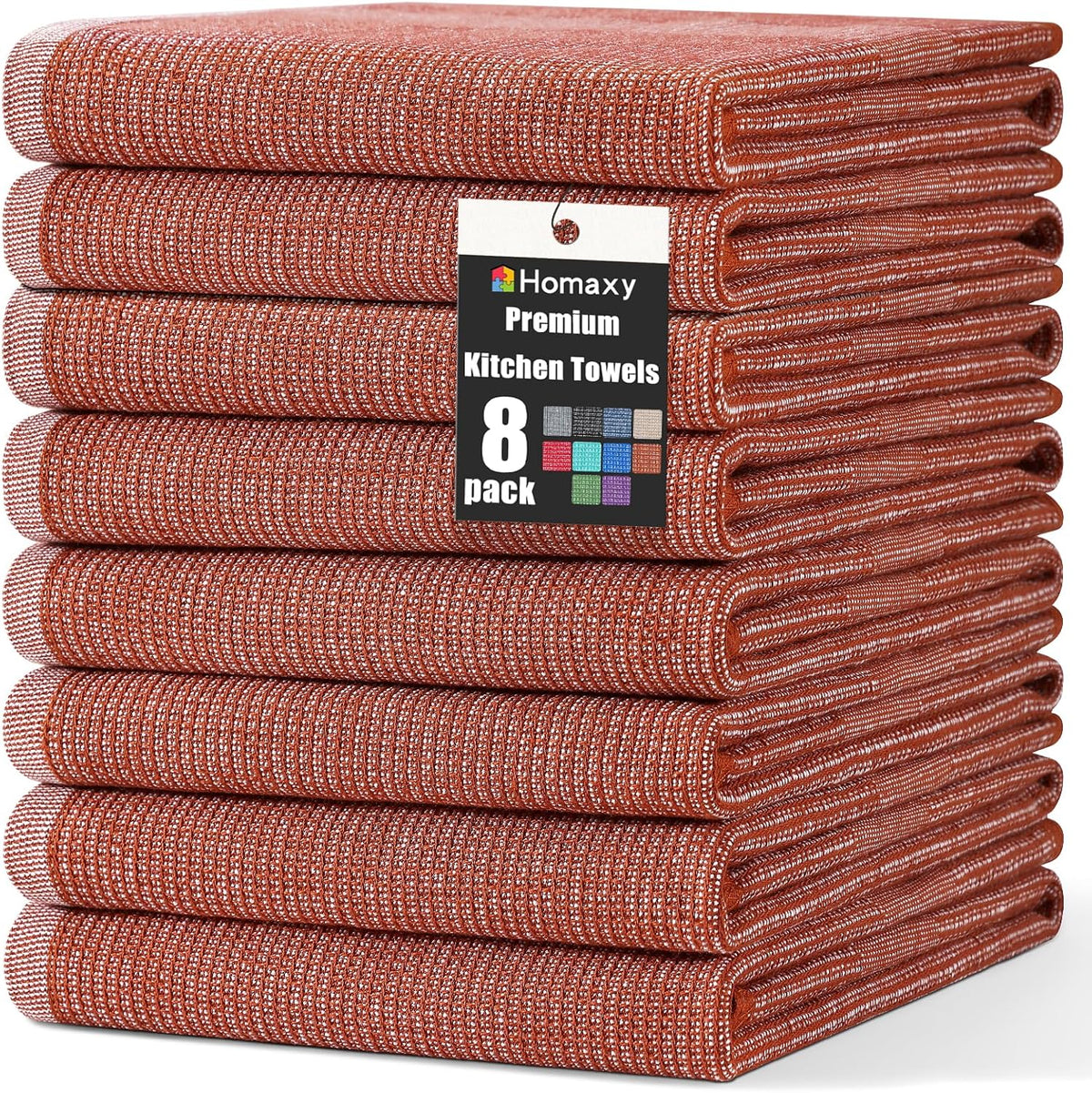 Homaxy Premium Kitchen Towels(18”x 28”, 8 Pack), Large Cotton Kitchen Hand Towels, Flat and Terry Dish Towels, 380 GSM Highly Absorbent Tea Towel Set with Hanging Loop, Rust