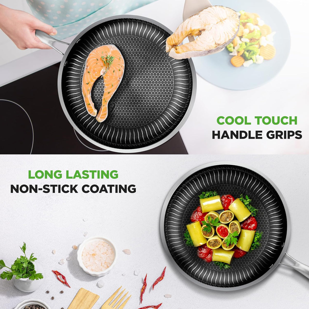 NutriChef 12" Stainless Steel Frying Pan - Triply Hybrid Skillet w/DAKIN Etching Non-Stick Coating, Scratch-resistant Raised-up Honeycomb Fire Textured Pattern, NC3PL12