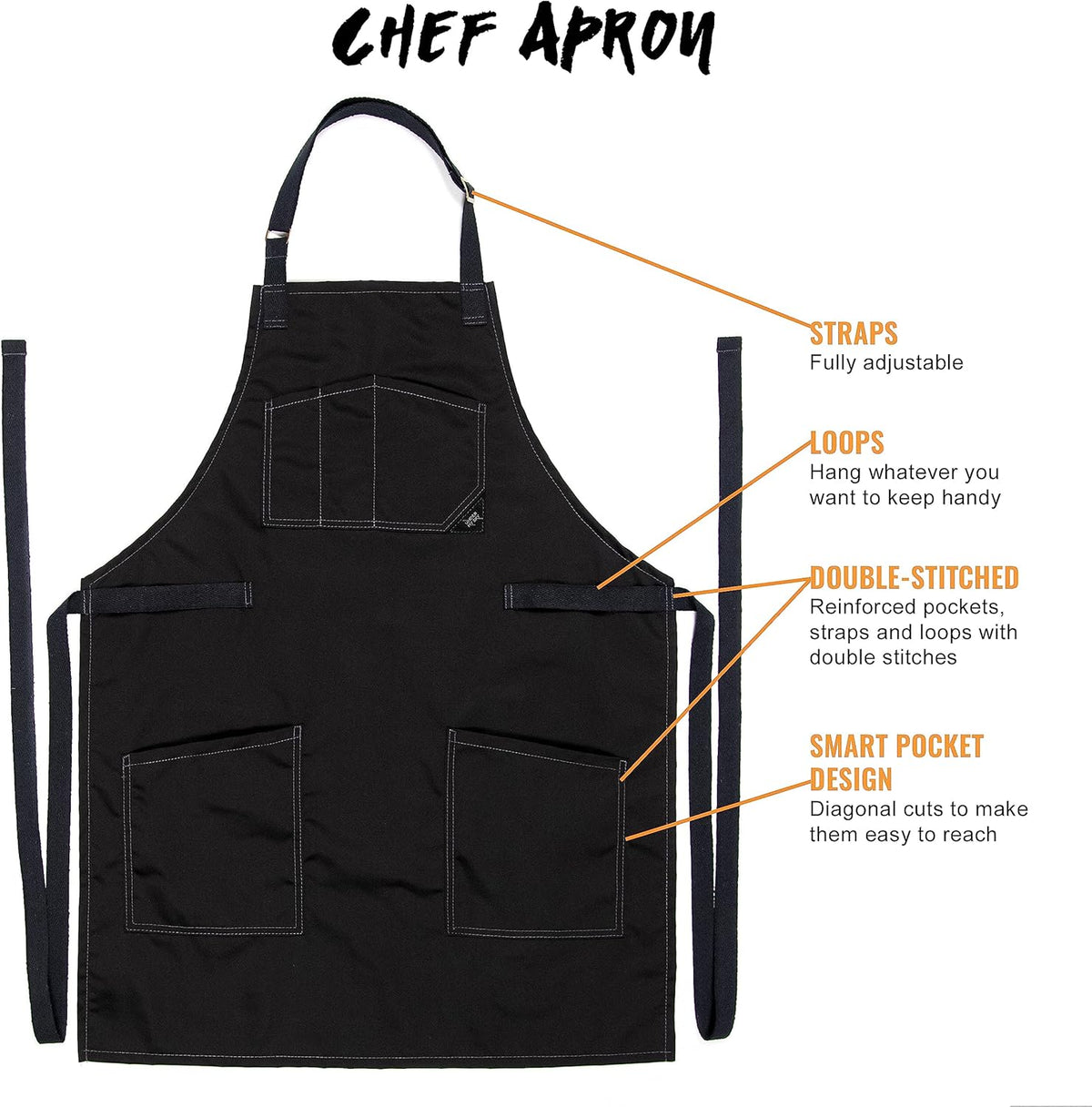 Under NY Sky Chef Apron – Professional Black Twill – Cotton Straps - Smart Pockets - Adjustable for Men and Women – Pro Chef, Cook, Kitchen, Baker, Barista, Bartender, Server Aprons