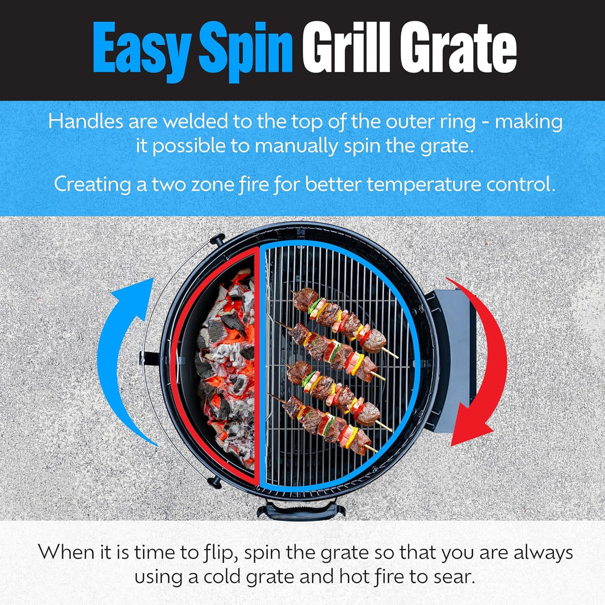 SnS Grills EasySpin Charcoal Grill Cooking Grate, 304 Stainless Steel, Large Hinged Opening, Perfect for 2-Zone Cooking, Replacement Grate Compatible with Weber & Other Grills - 18” Inches
