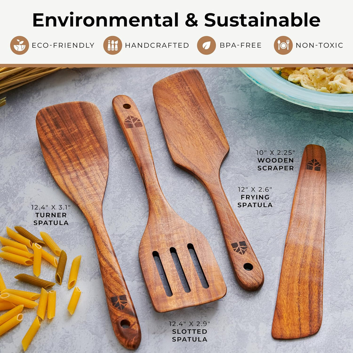 Wooden Spatula for Cooking, Teak Spatulas for Kitchen Use - Wooden Cooking Utensils Set of 4 including Paddle, Turner, Slotted Spurtle and Wood Scraper. Nonstick cookware.