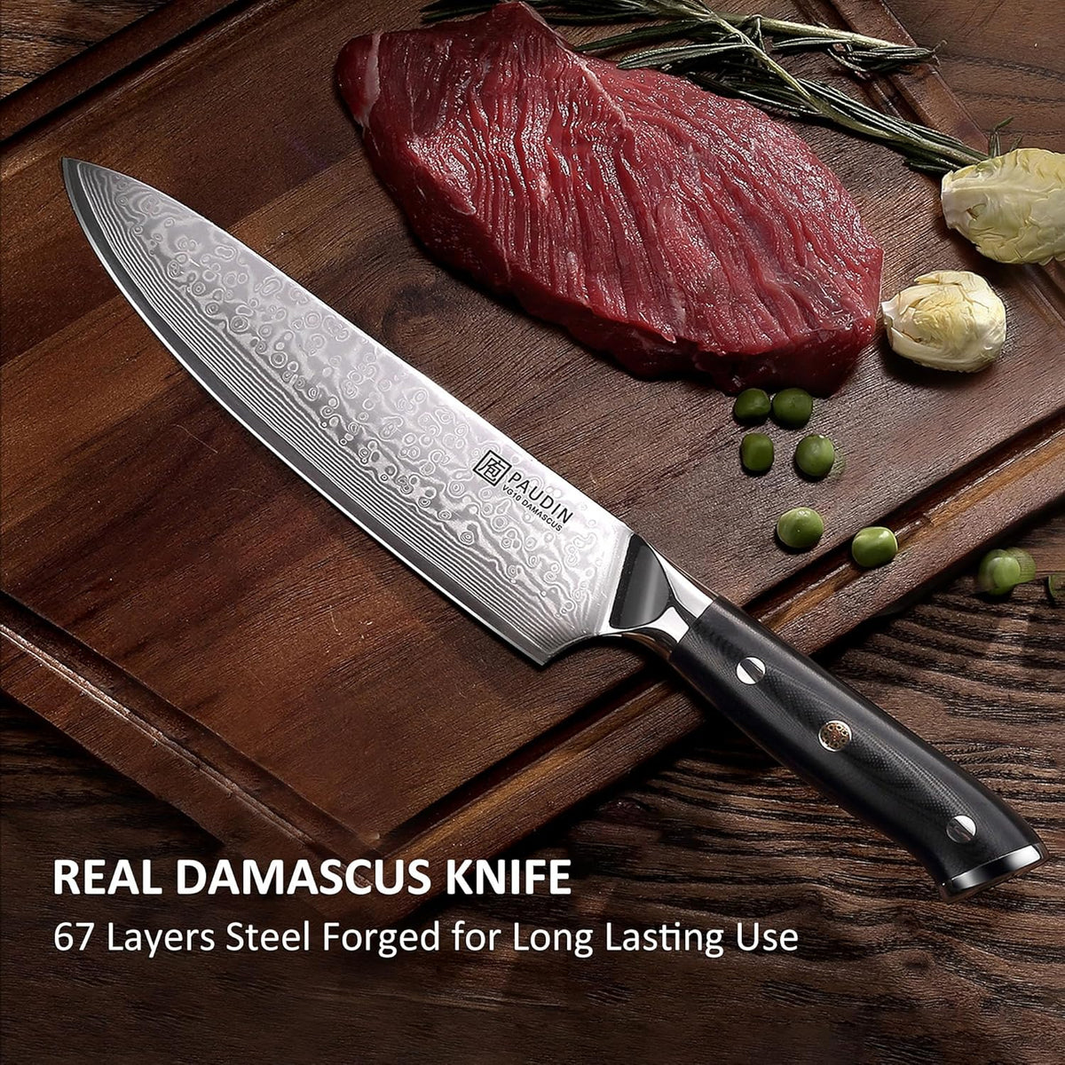 PAUDIN Damascus Chef Knife, 8 Inch Kitchen Knife, 67 Layers Damascus Steel Knife Japanese VG10 Core, Professional Chefs Knife with Ergonomic G10 Handle