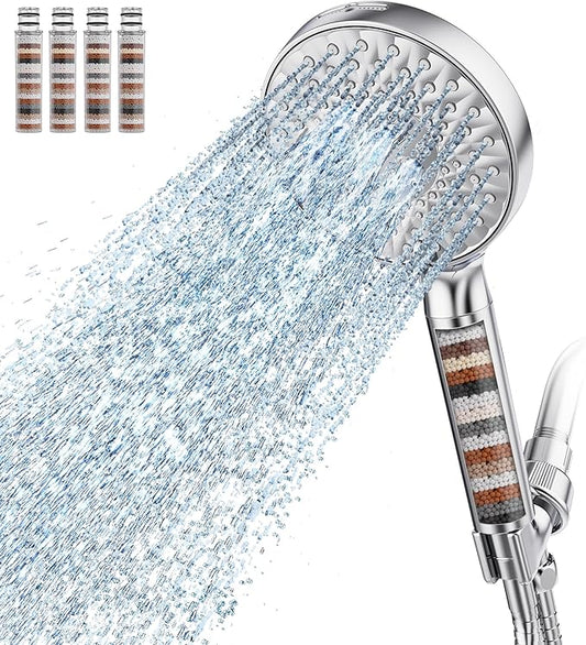 Filtered Shower Head with Handheld, High Pressure 9 Spray Mode Chrome Showerhead with 4 Filters, Detachable Shower Head, Water Softener Filters Beads for Hard Water - Remove Chlorine