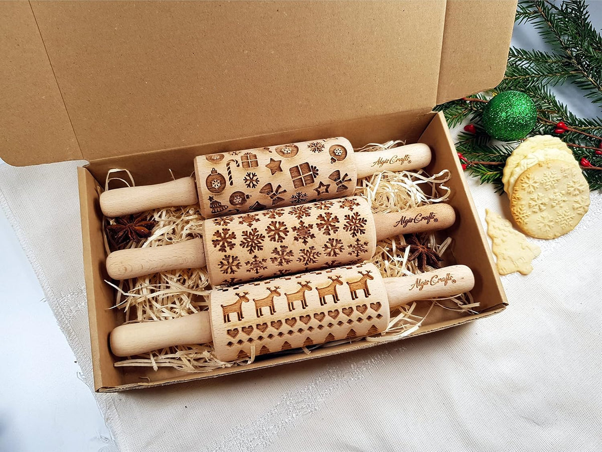 CHRISTMAS 3 Mini Embossed Rolling Pin Set Wooden Laser Engraved Textured rolling pins with Snowflakes, Elks, Christmas Trees and Gifts for Cookies by Algis Crafts