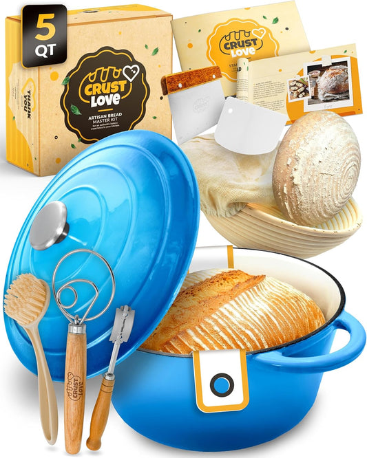 Dutch Oven for Bread Baking - incl. Sourdough Bread-Baking Supplies like Banneton Bread-Proofing Basket - 5QT Enameled Cast Iron Bread-Oven with Lid, Bread-Pan Sour Dough Starter Kit