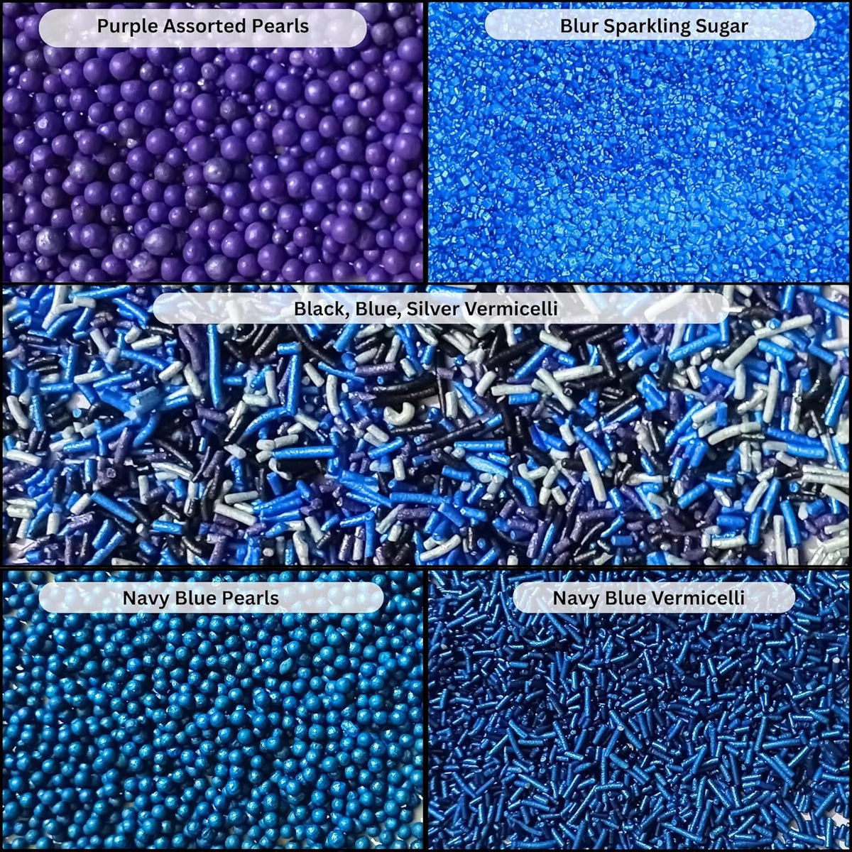Confect Edible Cake Sprinkles – Decorating Mix | Navy & Blue Purple Pearls, Silver & Black Jimmies, Blue Sparkling Sugar | Sprinkles for Cake, Cupcake & Cookie Decoration - Vegan, Gluten-Free, Nut-Free, Soy-Free, Dairy-Free, Palm Oil-Free-5 Oz