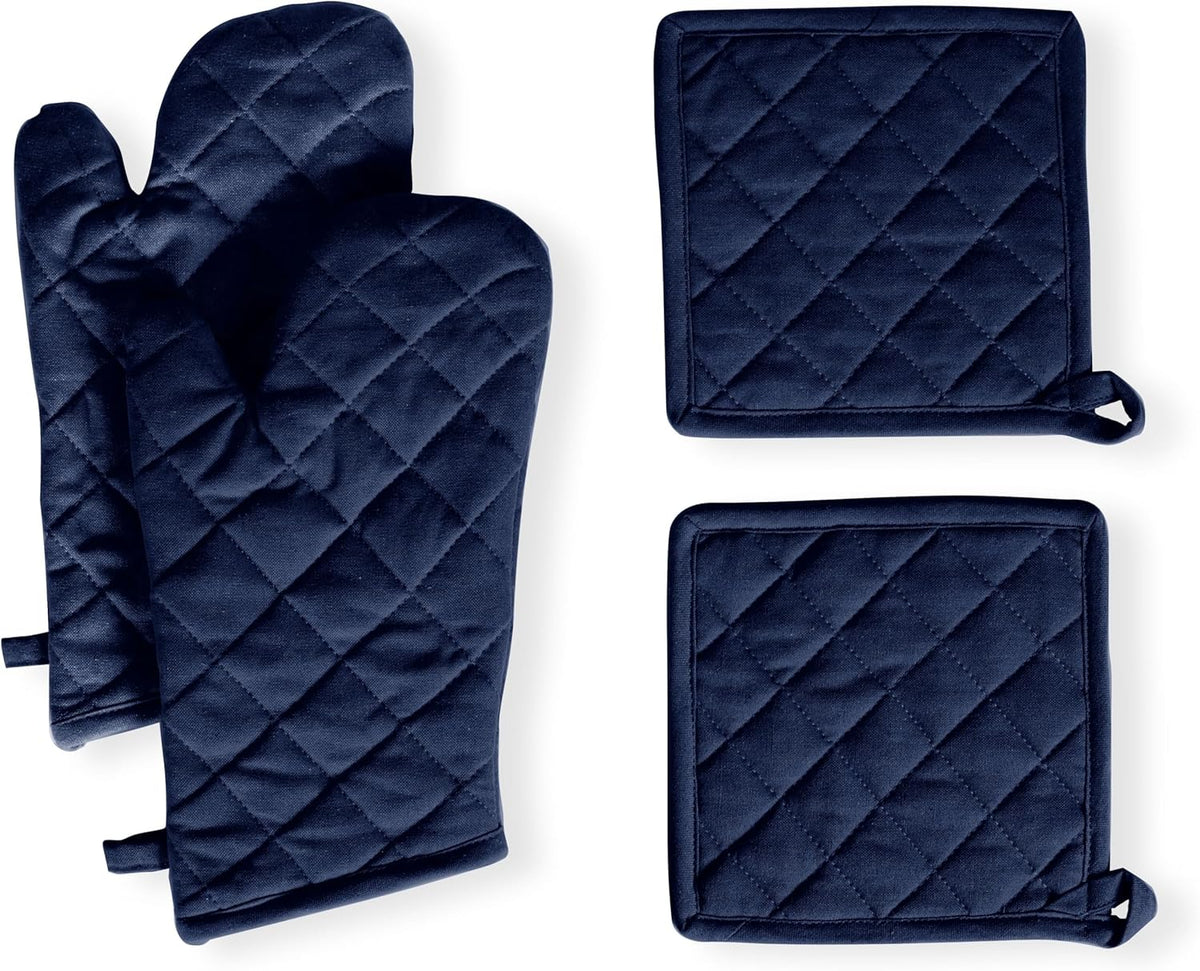 Native Fab 4 Piece Set - 2 Oven Mitts & 2 Potholders, Heat Resistant, 100% Cotton, Quilted Design, Non-Slip Grip, Machine Washable, Ideal for Baking, Cooking, BBQ, Kitchen Protection - Navy Blue