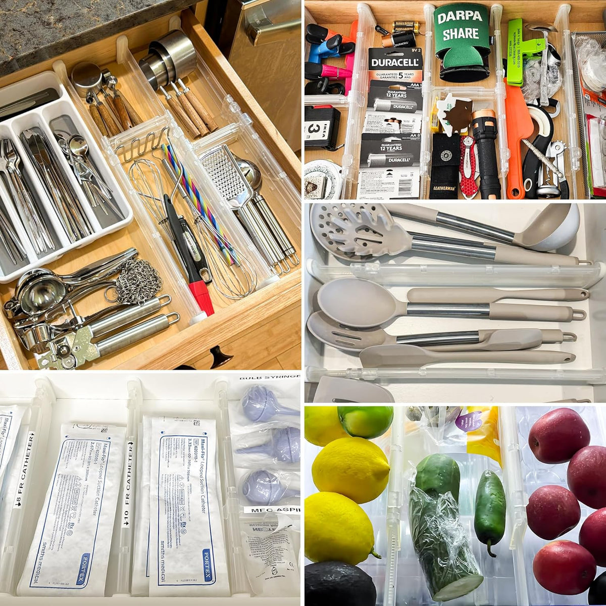 HiYZ Expandable Drawer Dividers with Inserts - Adjustable Drawer Organizers Separators for Kitchen, Bedroom, Dresser, Office, 8 Long Dividers(12.6-22.8 IN) with 10 Inserts(3.9-7.1 IN) - Clear
