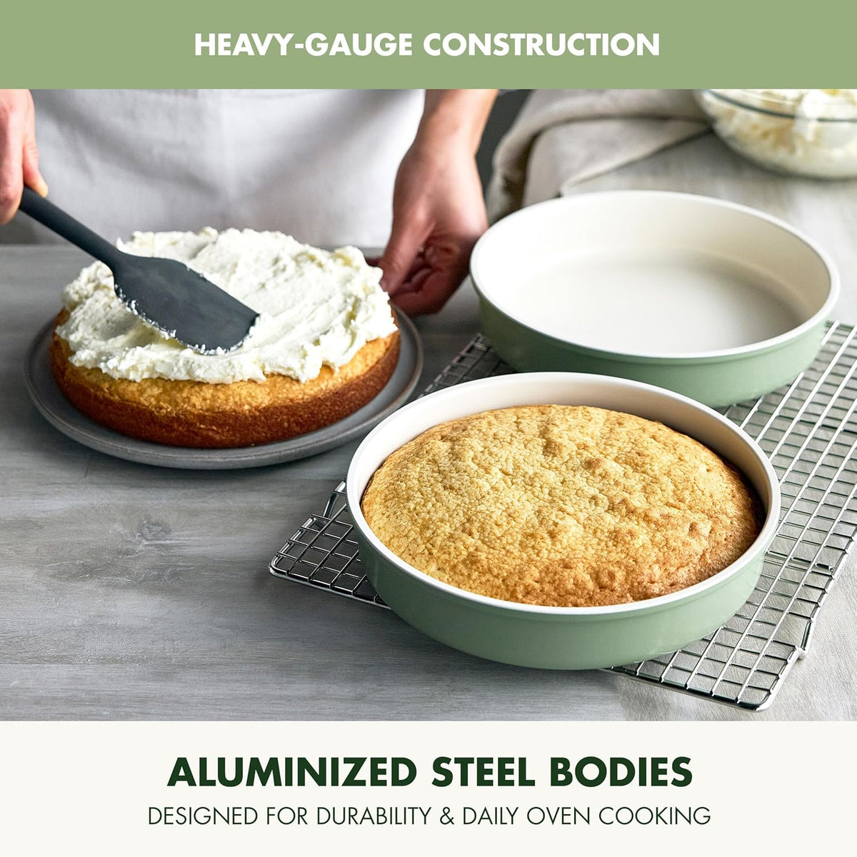 GreenPan Bakeware Set, 7 Piece Nonstick Ceramic Gold Handle Baking Sheets, Cake Pans, Loaf Pan, Muffin Tin, Cooling Rack, PFAS & BPA Free, Freezer to Oven Dish, Bake & Roast Ovenware, Sage Green