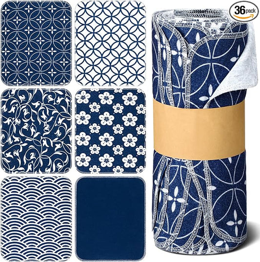 36 Count Reusable Cleaning Cloths Washable Cotton Kitchen Towels for Home(Japanese Style,Blue)