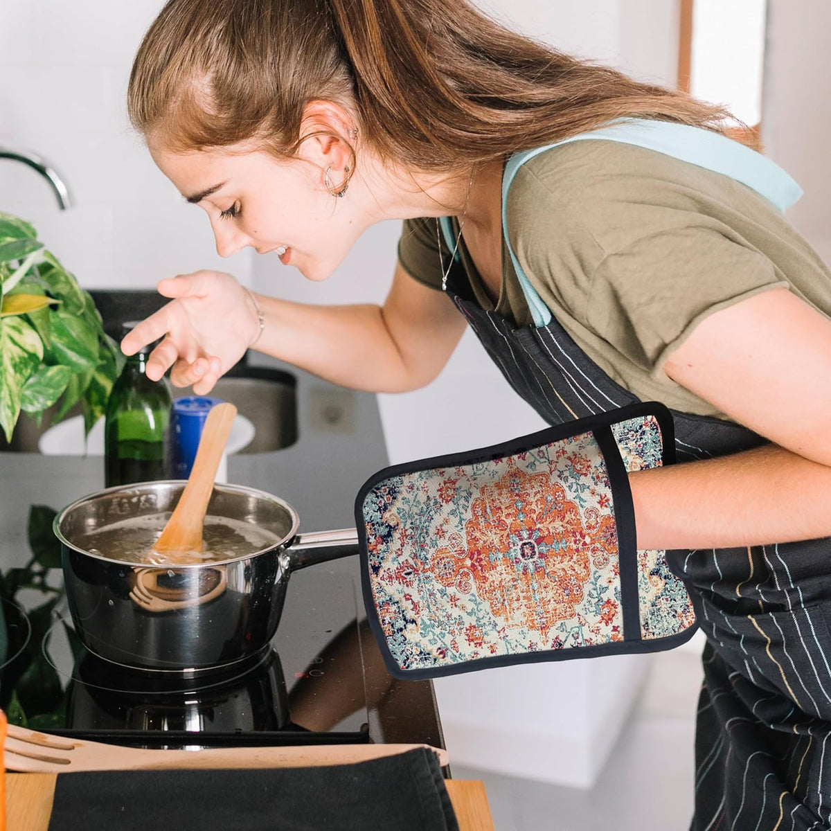 Rustic Vintage Boho Pot Holders for Kitchen, Abstract Orange Blue Boho Ethnic Floral Botanical Heat Resistant Hot Pads and Oven Mitts for Baking Cooking