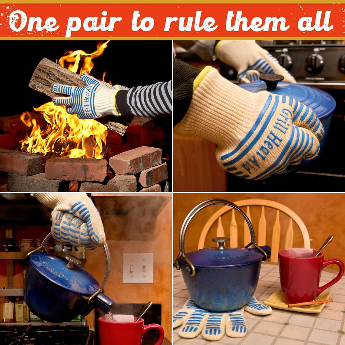 GRILL HEAT AID BBQ Grill Gloves Heat Proof for Grilling – Fireproof 1472°F Heat-Resistant Grill Mitts for Outdoor Barbecue and Smoker, Campfire, Fire Pit, Oven Glove with Fingers for Baking Pizza