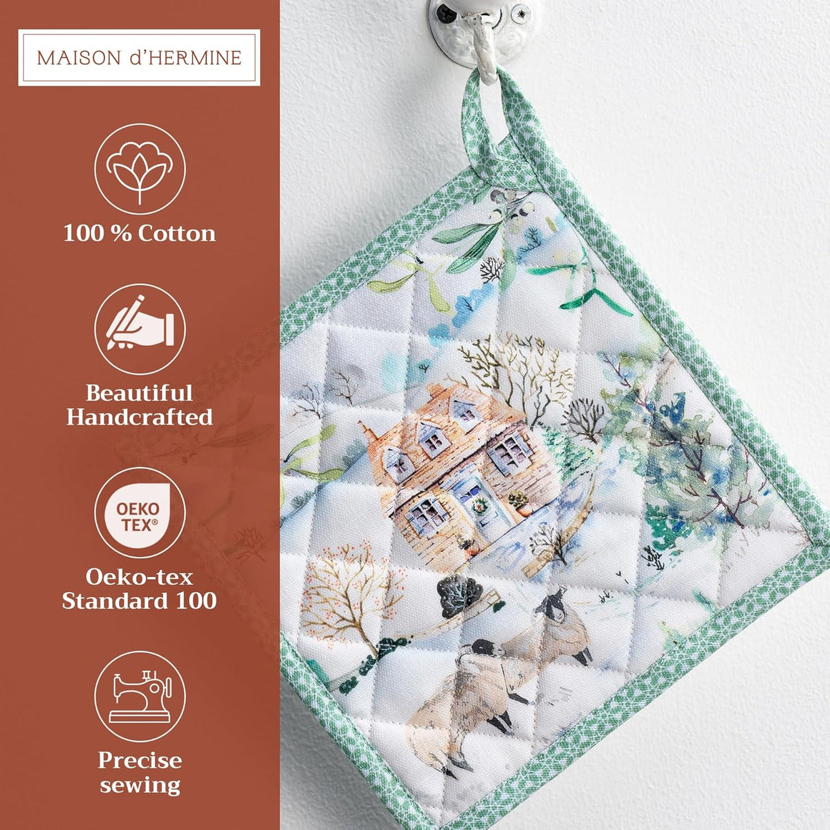 Maison d' Hermine Pot Holders 100% Cotton Heat Resistant Potholders 8" x 8" Hot Pads with Loop BBQ, Cooking, Baking, Grilling, Kitchen, Handling Hot Pans (Pack of 1, Snowy World)