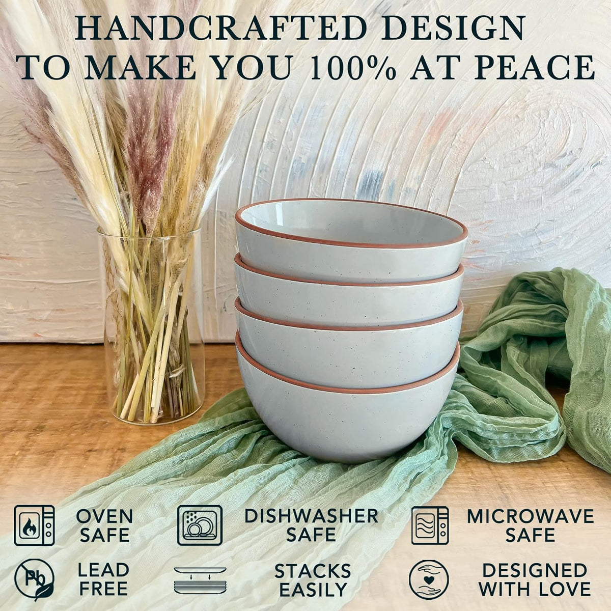 Mora Ceramic Bowls For Kitchen, 28oz - Bowl Set of 4 - For Cereal, Salad, Pasta, Soup, Dessert, Serving etc - Dishwasher, Microwave, and Oven Safe - For Breakfast, Lunch and Dinner - Earl Grey