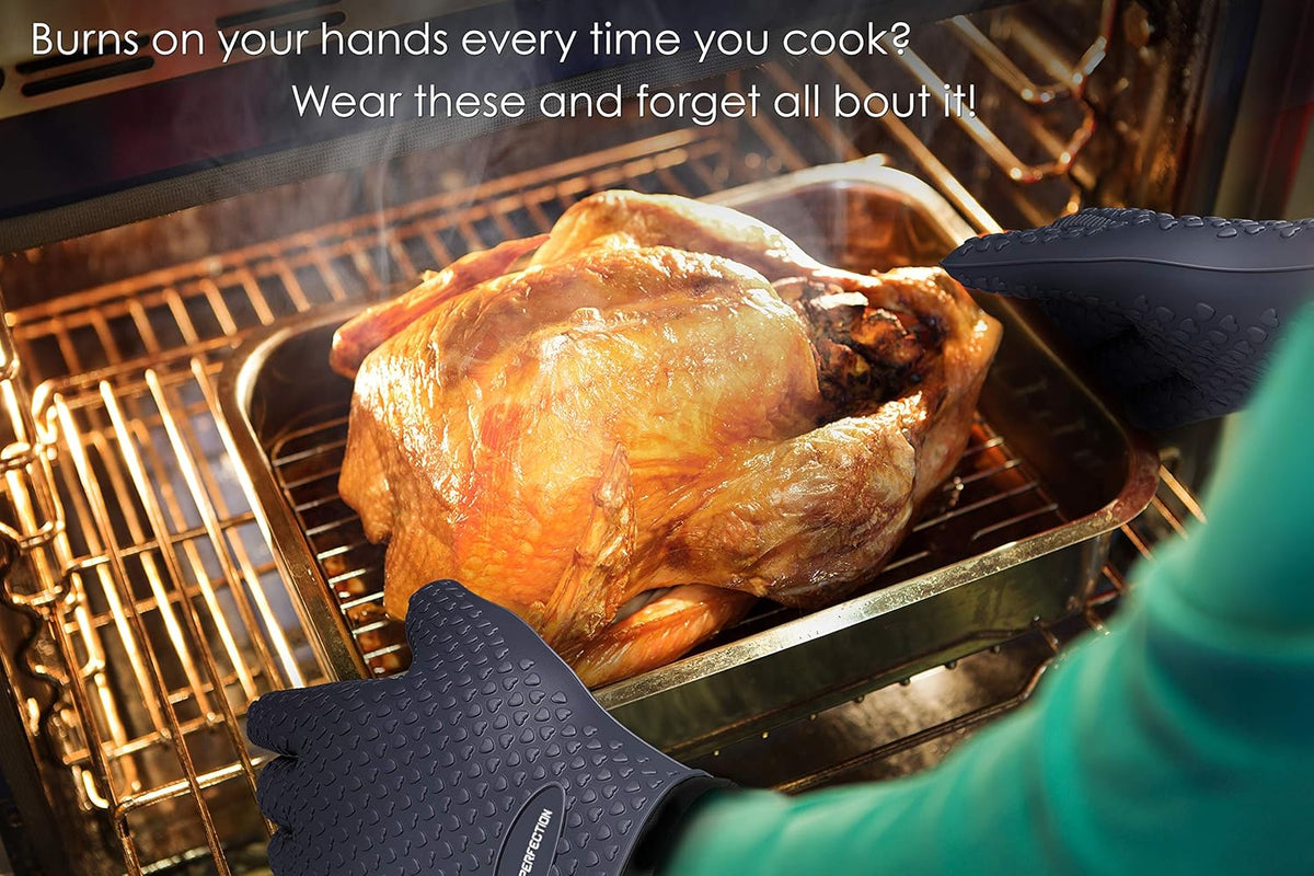 KITCHEN PERFECTION S Silicone Smoker Oven Gloves -Extreme Heat Resistant BBQ Gloves -Handle Hot Food Right on Your Grill Fryer Pit|Waterproof Oven Mitts |Superior Value Set+3 Bonuses