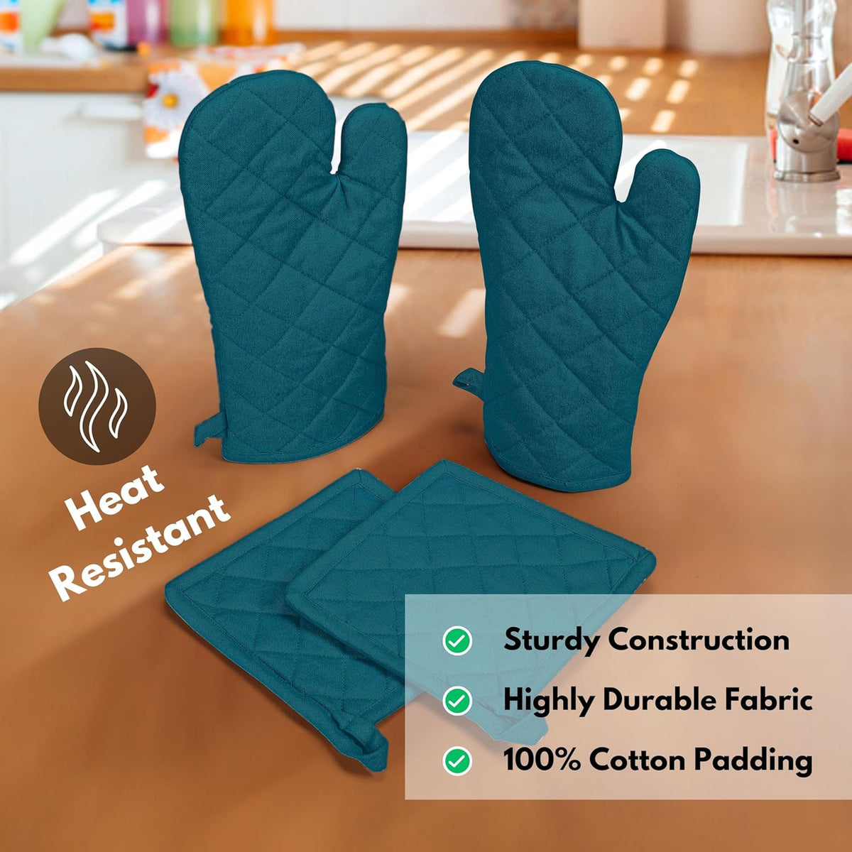 Native Fab Pot Holders and Oven Mitts Sets for Kitchen Heat Resistant - Hanging Non-Slip - 100% Cotton Kitchen Oven Mitts and Pot Holders 4 Piece Set - Teal
