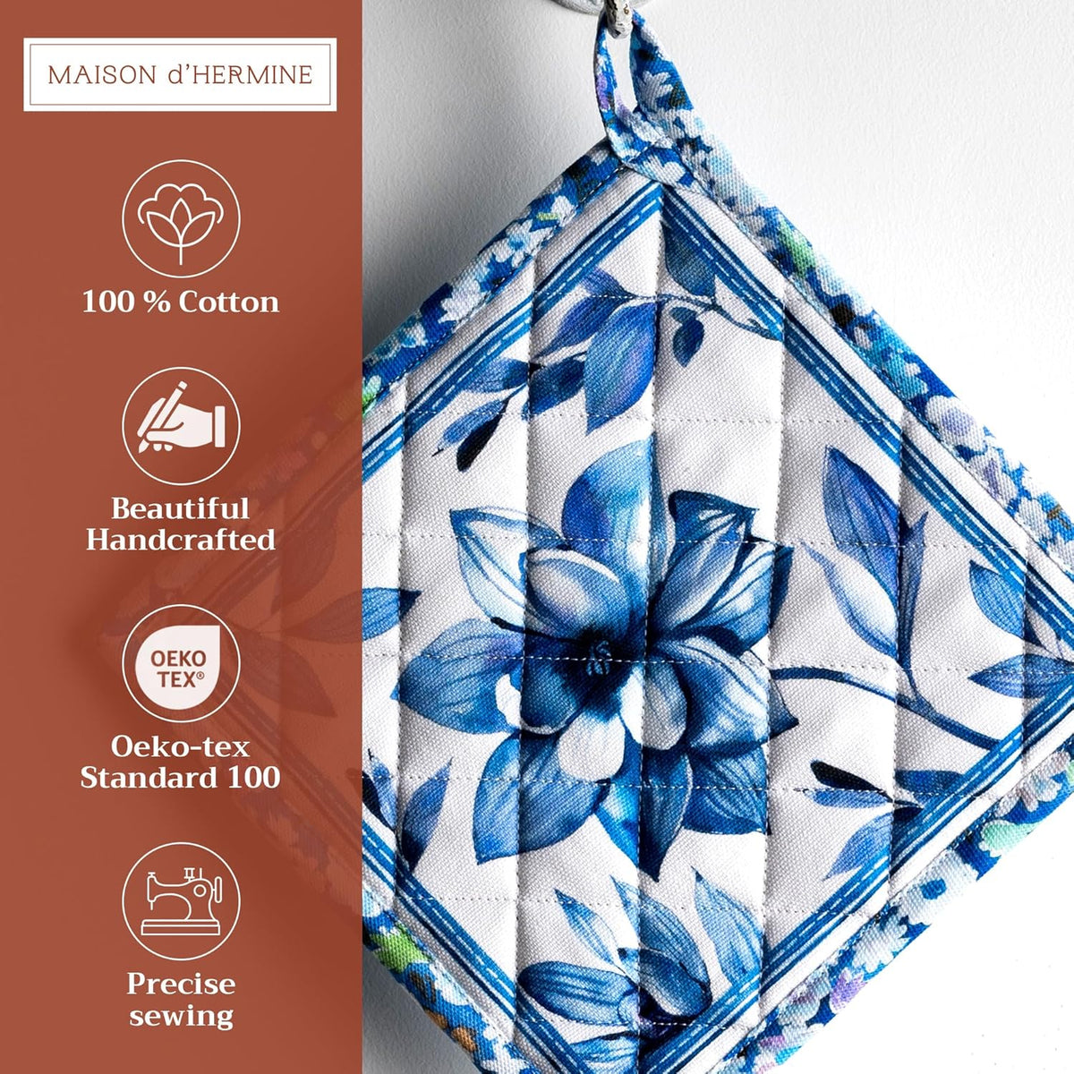 Maison d' Hermine Pot Holders 100% Cotton Heat Resistant Potholders 8" x 8" Hot Pads with Loop BBQ, Cooking, Baking, Grilling, Kitchen, Handling Hot Pans Spring/Summer (Pack of 1, Summer Blues)