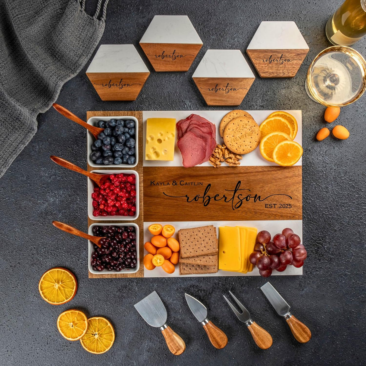 Personalized Charcuterie Board - Custom Engraved Wooden Marble Cheese Boards for Bridal Shower, Wedding, Housewarming, Birthday & Anniversary Gifts - Perfect Gift for Couples & Women