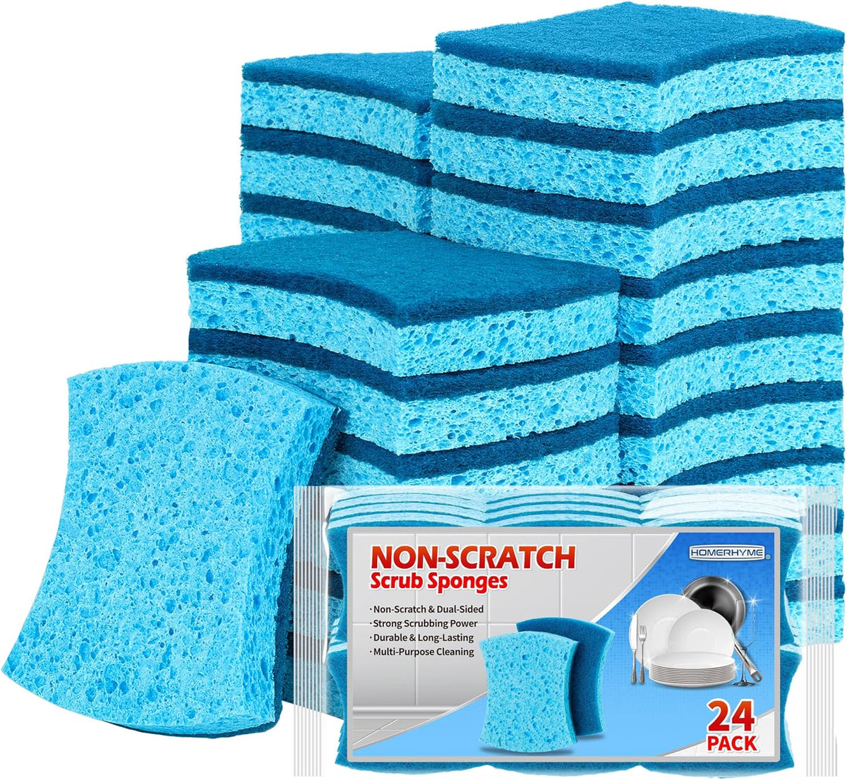 HOMERHYME Non-Scratch Cellulose Scrub Sponges 24 Pack, Kitchen Sponge with Double-Side & Ergonomic Design. Sturdy Sponge for Dishes, Coated Cookware, Sink, Countertops.